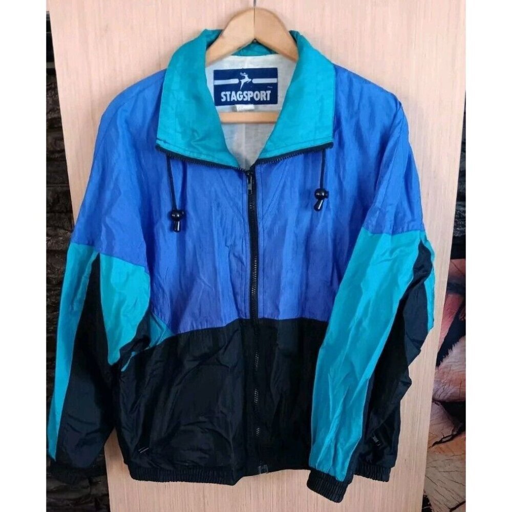 Vintage Stagsport (M) Purple Black‎ Green Zip-Up Front Windbreaker